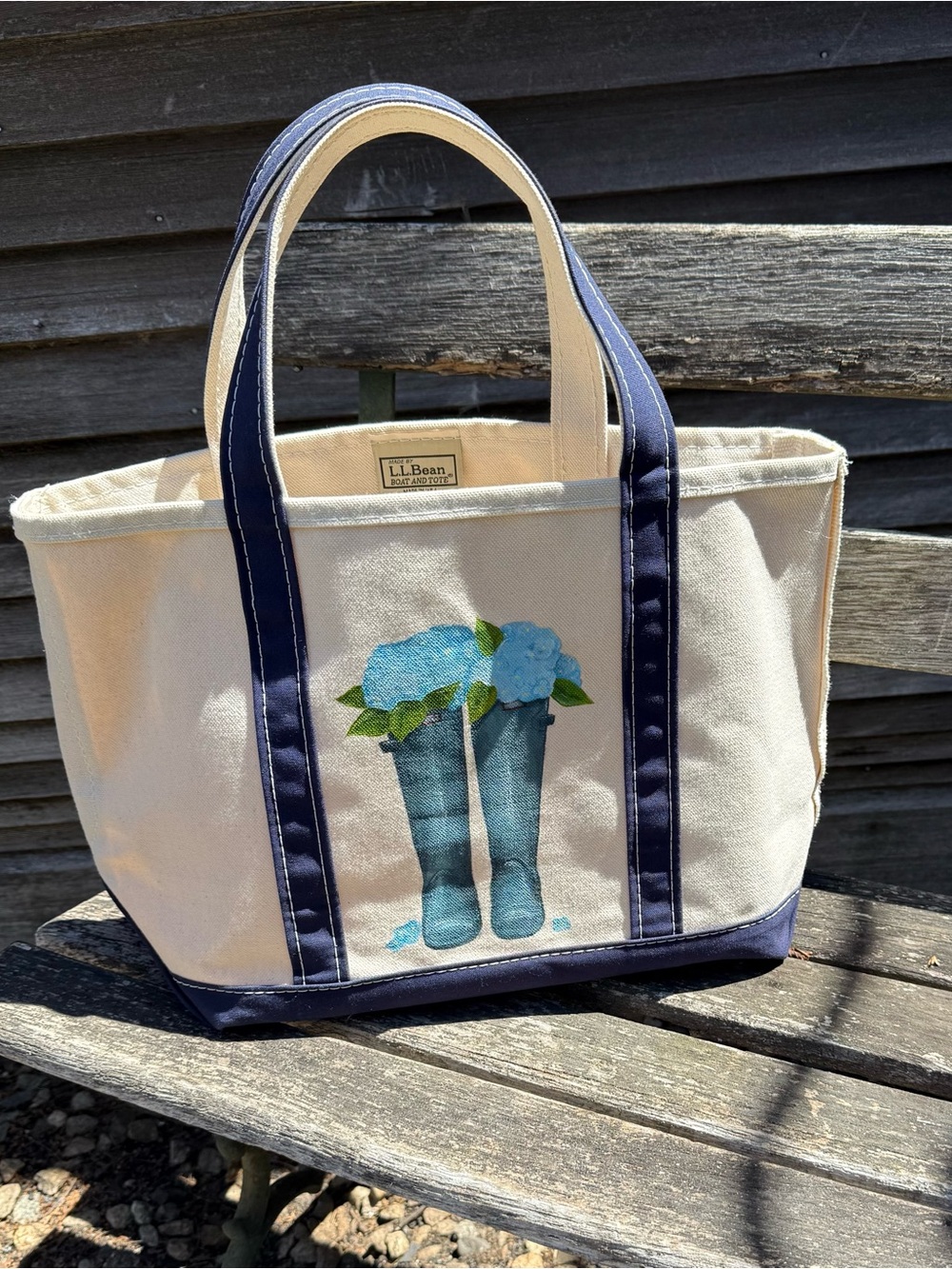 Rare L.L. Bean Navy Trim Canvas Tote with Hand painted Rain Boots and Hydrangeas